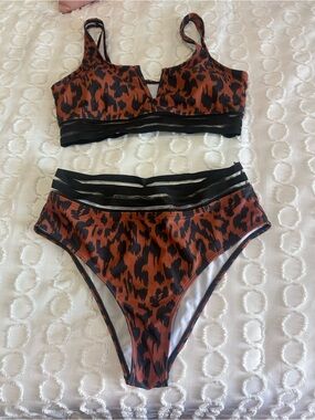 SHEIN Rust Brown and Black Animal Print High-Waist Bikini
